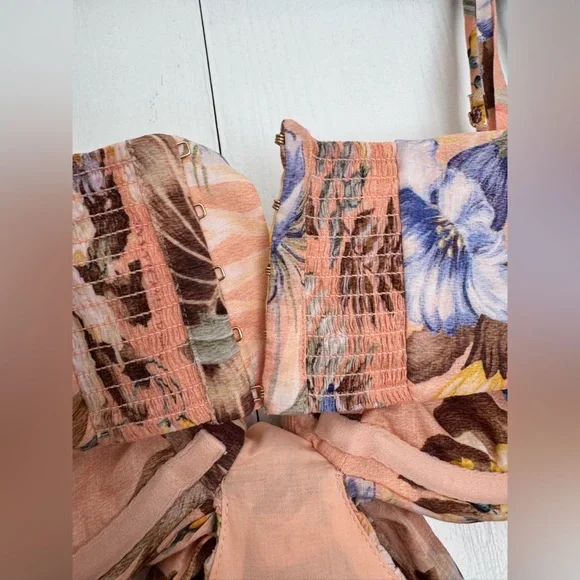 Zimmermann Coco Floral Print Bow Detail Mini Dress Peach Multi Various Size - Picture 12 of 16